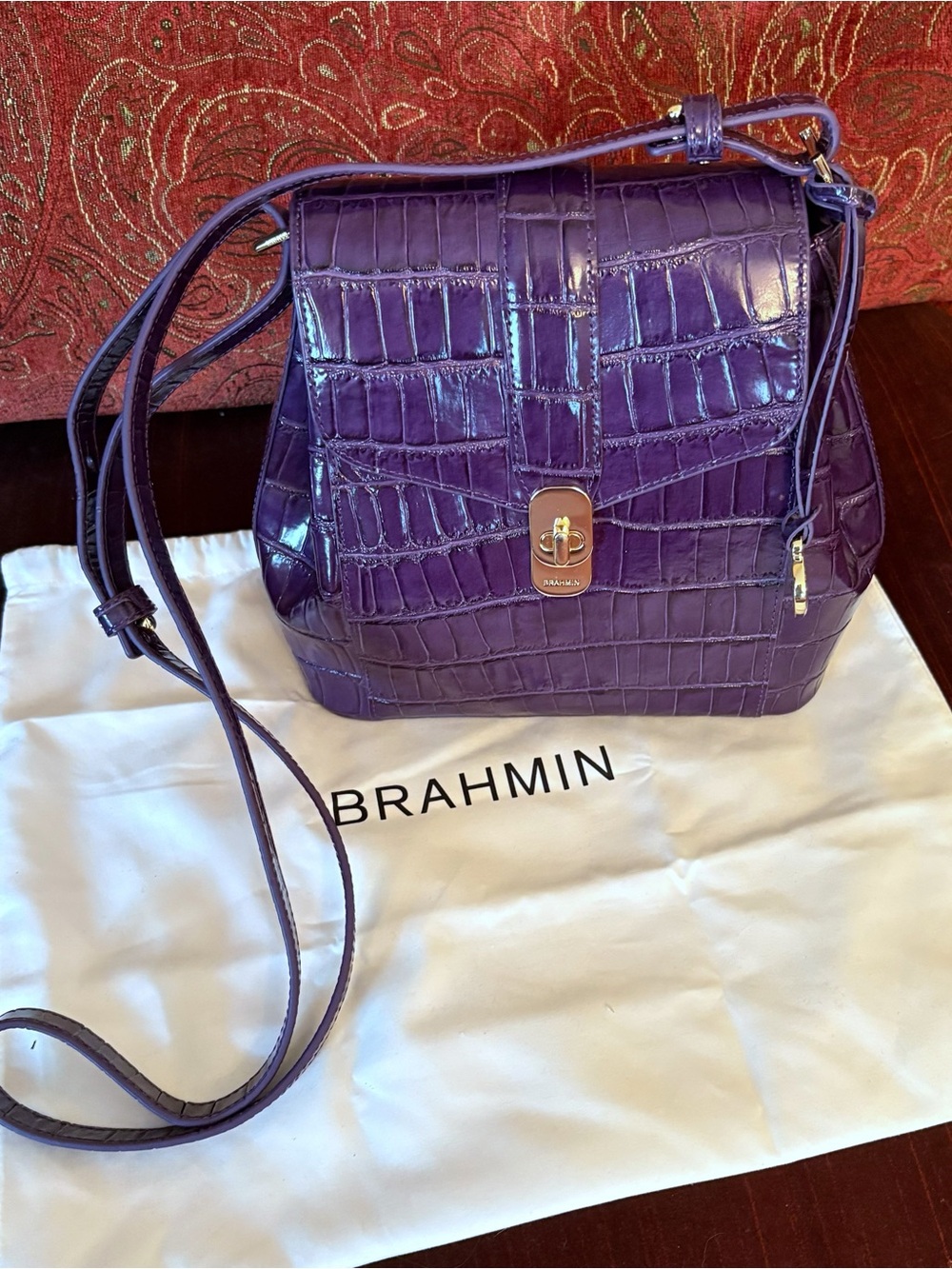 Brahmin Margo Violet Croc-Embossed Leather Shoulder Bag